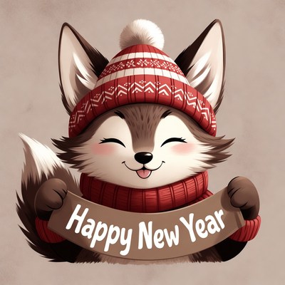 Cute Fox Holding Happy New Year Sign