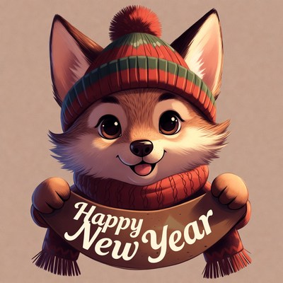 Fox in hat holding Happy New Year sign