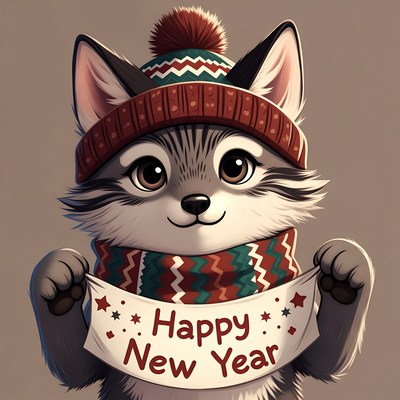 Cute wolf pup holding Happy New Year sign