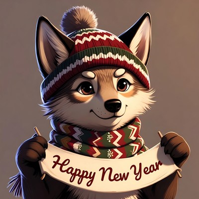 Fox holding Happy New Year banner