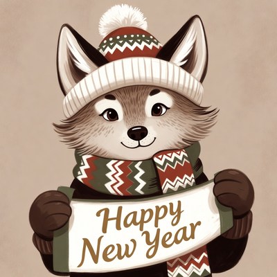 Fox holding Happy New Year sign