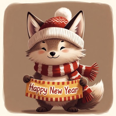 Cute Fox Holding Happy New Year Sign