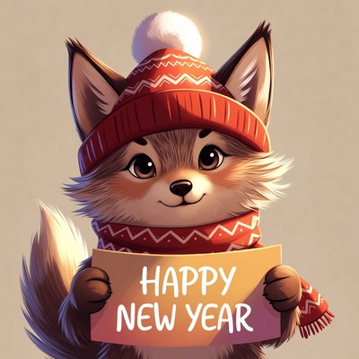 Cute Fox Holding Happy New Year Sign