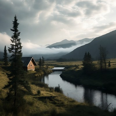 Cabin by river in misty mountains