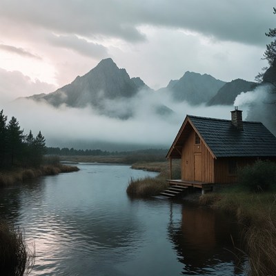 Wooden Cabin by Misty Mountain Lake