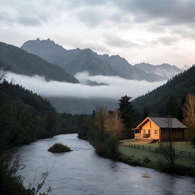 Cabin by River in Misty Mountains