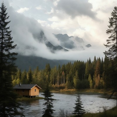 Cabin on River Amid Mountains and Fog