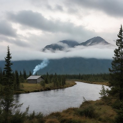 Cabin with chimney smoke by river and mountains