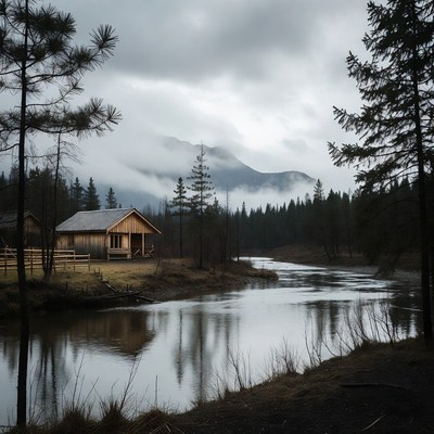 Wooden Cabin by River in Foggy Forest