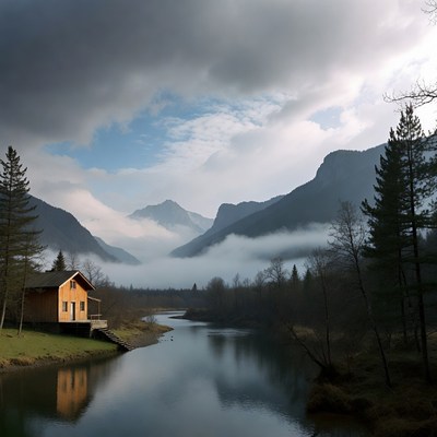 Orange Chalet by River in Mountains