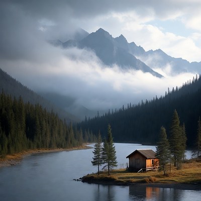 Wooden Cabin by Mountain Lake