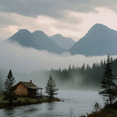 Wooden Cabin by Misty Mountain Lake