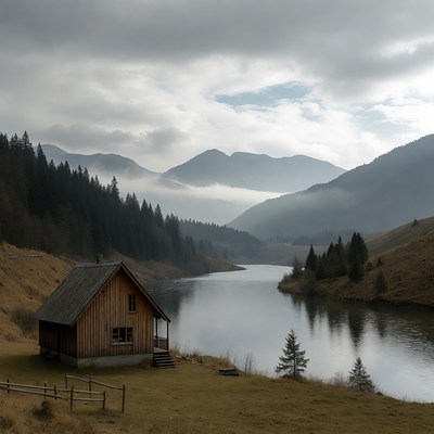 Wooden Cabin by Mountain Lake