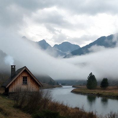 Wooden Cabin by River in Foggy Mountains