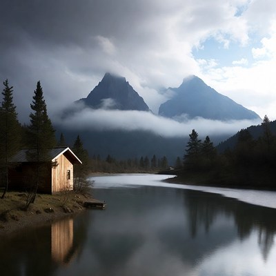 Wooden Cabin by River and Mountains