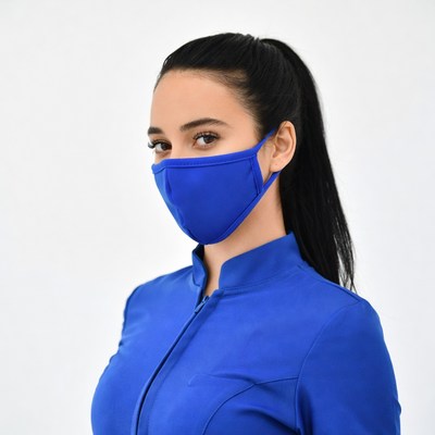 Woman in blue face mask and jacket