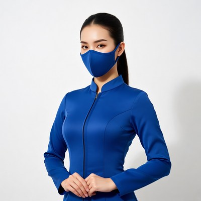 Asian woman in blue mask and uniform