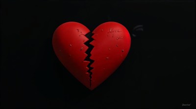 Broken Red Heart on Black Background