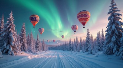 Hot air balloons over snowy forest