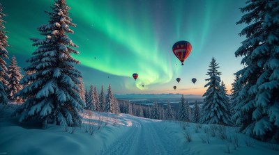 Hot air balloons under northern lights