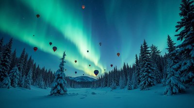 Hot Air Balloons Flying Under Aurora Borealis