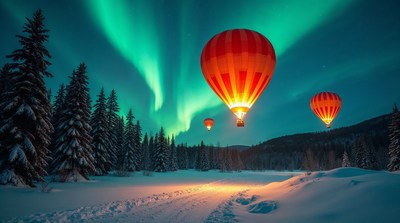 Hot Air Balloons under Northern Lights