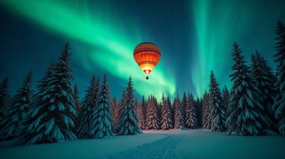 Hot air balloon under northern lights