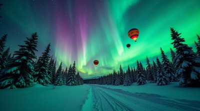 Hot air balloons under northern lights