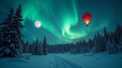 Red Hot Air Balloon over Aurora Borealis
