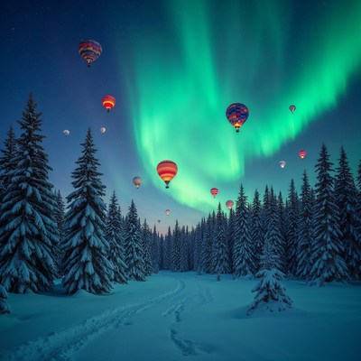 Hot air balloons under northern lights