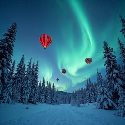 Hot air balloons under northern lights