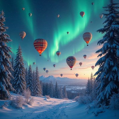Hot air balloons under northern lights