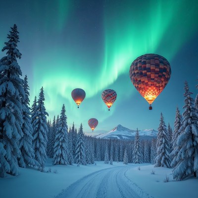 Hot Air Balloons under Aurora Borealis