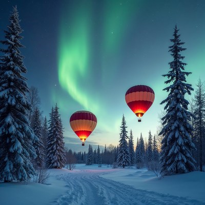 Hot air balloons under northern lights