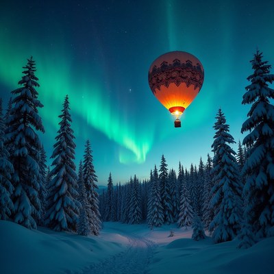 Hot air balloon under northern lights
