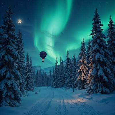 Hot air balloon under northern lights