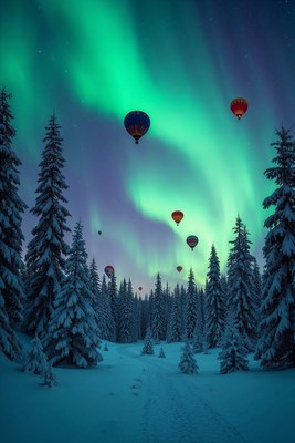 Hot air balloons under northern lights