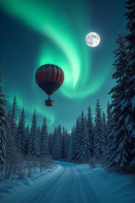 Hot Air Balloon Under Aurora Borealis