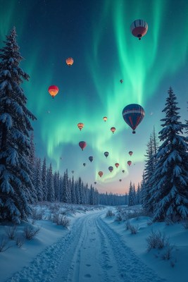 Hot air balloons under northern lights