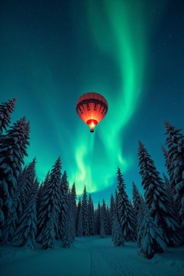 Red Hot Air Balloon Under Aurora Borealis