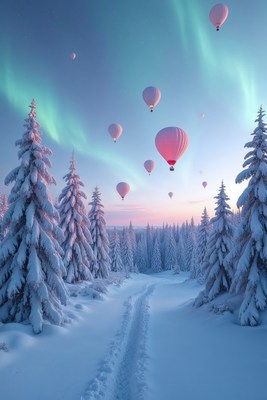 Pink Hot Air Balloons Over Snowy Forest Aurora