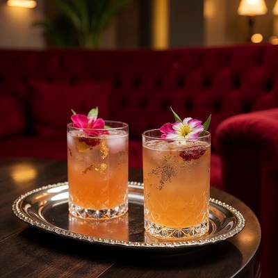 Two Pink Hibiscus Cocktails on Tray