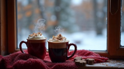 Two Hot Chocolates by Snowy Window