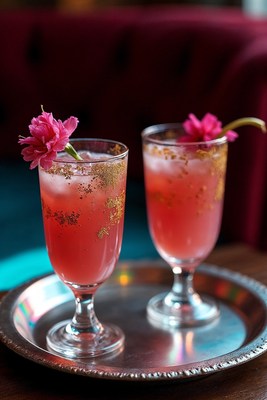 Pink Cocktails with Flowers on Tray