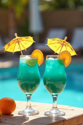 Blue Tropical Cocktails with Oranges Poolside