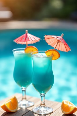 Two Blue Cocktails with Umbrellas by Pool