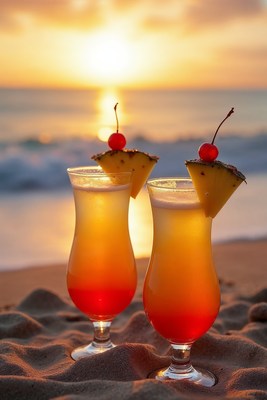 Two Tropical Cocktails on Beach Sunset