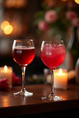 Two Red Wine Glasses with Candles