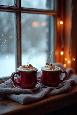 Two Hot Cocoa Mugs by Snowy Window