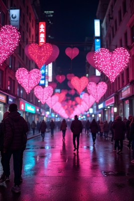 Neon Pink Heart Lights in Night Street
